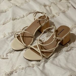 Ivory Faux Suede Strappy Woodgrain Block Heel